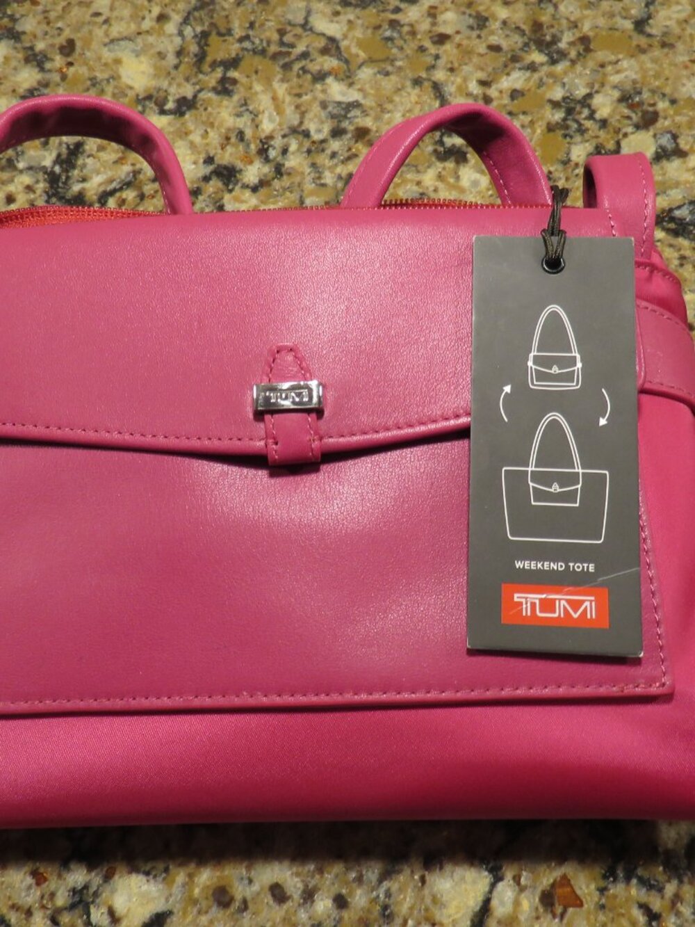 NWT TUMI Foldable Tote Fuchsia Pink Nylon Leather Trim Packable Travel Bag - Picture 2 of 15
